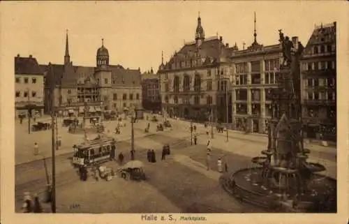 Ak Halle an der Saale, Marktplatz, Straßenbahn, Denkmal
