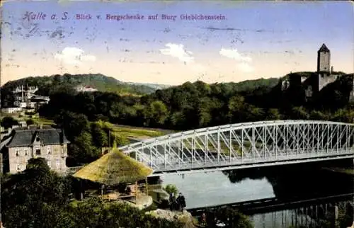 Ak Halle an der Saale, Blick v. Bergschenke auf Burg Giebichenstein, Brücke