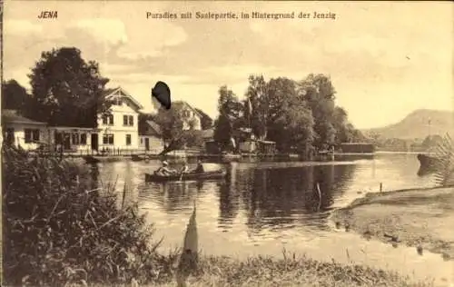 Ak Jena in Thüringen, Paradies, Saale, im Hintergrund der Jenzig, Ruderboot