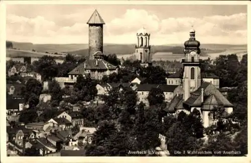 Ak Auerbach im Vogtland Sachsen, Die 3 Wahrzeichen, Kirchturm, Schlossturm