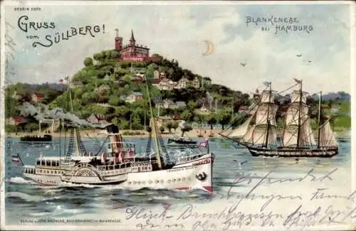 Halt gegen das Licht Litho Hamburg Altona Blankenese, Süllberg, Segelschiff, Salondampfer