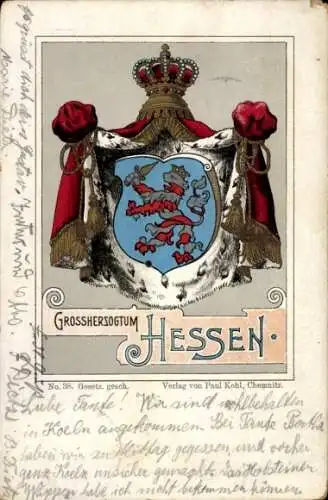 Wappen Litho Großherzogtum Hessen, Krone, Greif, Schwert, Kunstverlag Paul Kohl Chemnitz Nr. 38