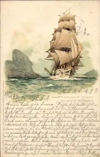 Künstler Litho Bohrdt, Hans, Segelschulschiff SMS Stosch, Rio de Janeiro verlassend