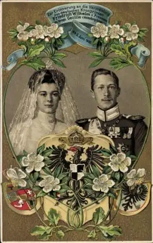 Präge Wappen Ak Kronprinz Wilhelm von Preußen, Kronprinzessin Cecilie, Hochzeit