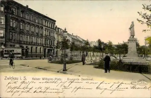 Ak Zwickau in Sachsen, Kaiser-Wilhelm-Platz, Bismarck-Denkmal