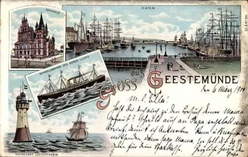 Litho Geestemünde Bremerhaven, Hafen, Rathaus, Schnelldampfer des Nordd. Lloyd, Leuchtturm Rotesand