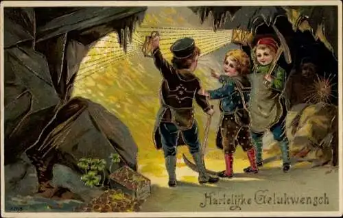 Präge Litho Glückwunsch Geburtstag, Bergleute, Spitzhacke, Kleeblätter Münzen