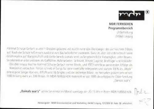Ak Fernsehmoderator Hartmut Schulze-Gerlach, Portrait, Autogramm