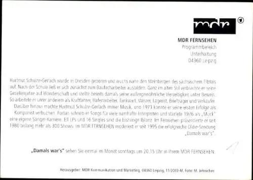 Ak Fernsehmoderator Hartmut Schulze-Gerlach, Portrait, Autogramm