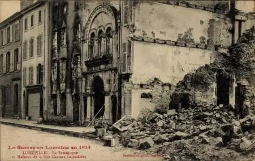 Judaika Ak Luneville Meurthe et Moselle, Synagoge, Haus der Rue Castara niedergebrannt, 1914