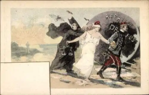 Litho Dreyfus-Affäre, Frankreich symbolisierte Frau mit gebundenen Augen, Waage, Gerechtigkeit