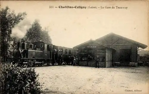 Ak Châtillon Coligny Loiret, Straßenbahn-Bahnhof, Dampflokomotive