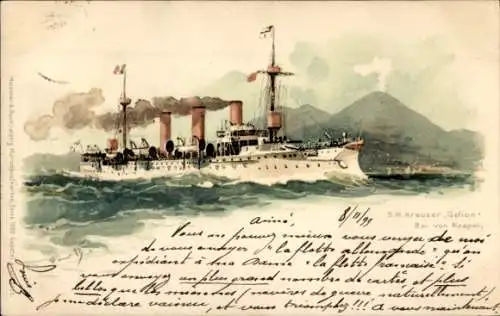 Künstler Litho Bohrdt, Hans, Napoli Neapel Campania, Deutsches Kriegsschiff, SMS Gefion, Kreuzer