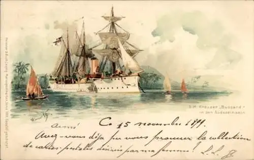 Künstler Litho Bohrdt, Hans, Deutsches Kriegsschiff, SMS Bussard, Kreuzer, Südseeinseln