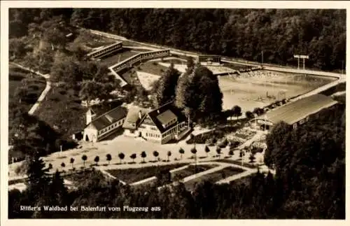 Ak Baienfurt in Oberschwaben Württemberg, Rittler's Waldbad, Fliegeraufnahme