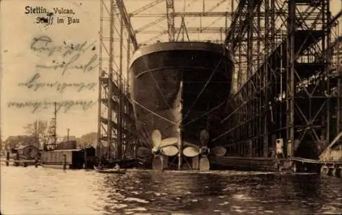 Ak Szczecin Stettin Pommern, Schiff im Bau, Vulcan Werft