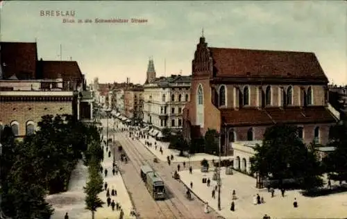 Ak Wrocław Breslau Schlesien, Schweidnitzer Straße, Straßenbahn