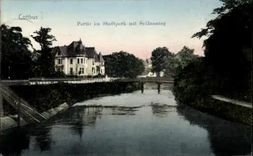 Ak Cottbus in der Niederlausitz, Stadtpark mit Schlosssteg