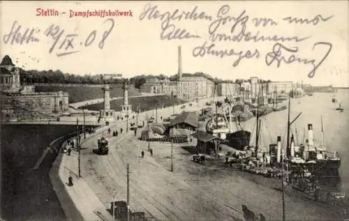 Ak Szczecin Stettin Pommern, Dampfschiffsbollwerk, Straßenbahn