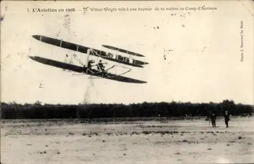 Ak Aviation im Jahr 1908, Herr Wilbur Wright, Camp d'Auvours, Doppeldeckerflugzeug in der Luft