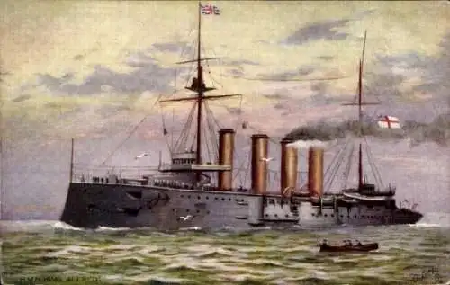 Künstler Ak Britisches Kriegsschiff, HMS King Alfred, Panzerkreuzer