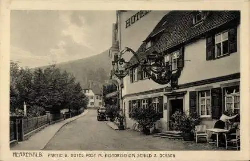 Ak Bad Herrenalb im Schwarzwald, Hotel Post m. Historischem Schild z. Ochsen