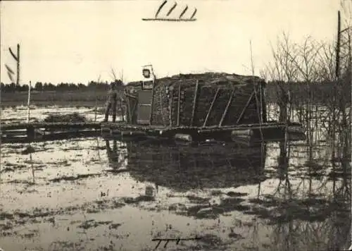 Foto Kriegsschauplatz I. WK, Unterstand in einem Sumpfgebiet, Floß, Soldat