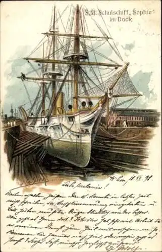 Künstler Litho Siehl, Deutsches Kriegsschiff, SMS Sophie im Dock, Schulschiff, Kaiserliche Marine