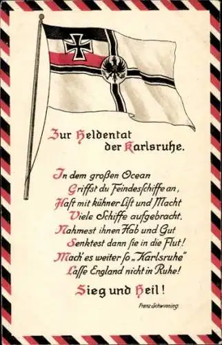 Gedicht Ak Franz Schwinning, Zur Heldentat der Karlsruhe, Sieg und Heil