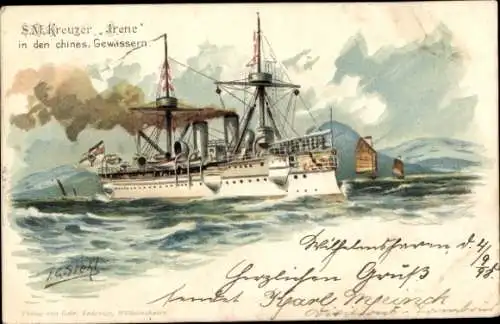 Künstler Litho Siehl, Deutsches Kriegsschiff, SMS Irene, Kreuzer, in den chines. Gewässern