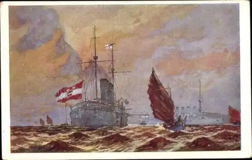 Künstler Ak Heusser, Harry, SMS Kaiserin Elisabeth vor Kiautschau