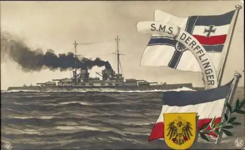 Ak Deutsches Kriegsschiff, SMS Derfflinger, Großer Kreuzer, Fahnen, Wappen, NPG, GLK