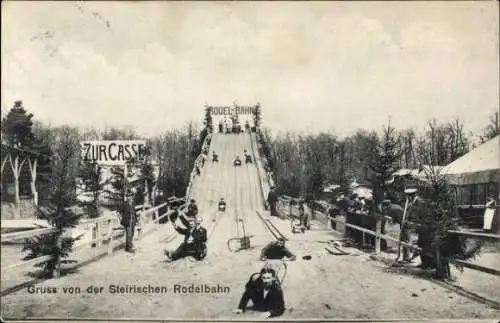 Ak Gruß von der Steirischen Rodelbahn, Zur Casse