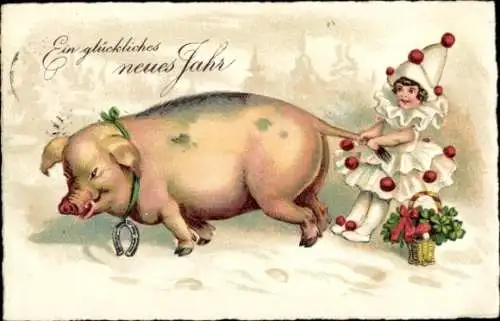 Litho Fröhliches Neujahr, Schwein, Mädchen