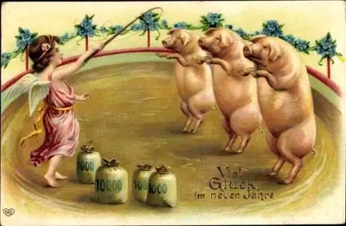 Litho Fröhliches Neujahr, Engel dressiert Schweine, Geldsäcke