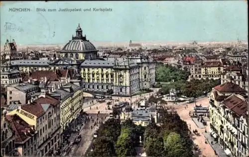 Ak München, Karlsplatz, Justizpalast, Straßenbahnen