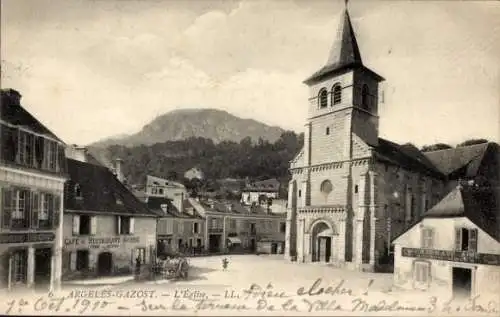 Ak Argelès Gazost Hautes Pyrénées, Kirche, Cafe