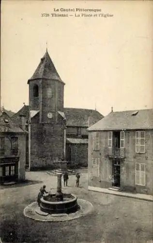 Ak Thiézac Cantal, Platz, Kirche, Brunnen