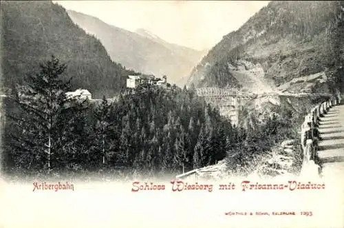 Ak Tobadill Tirol, Schloss Wiesberg, Trisanna Viadukt, Arlbergbahn