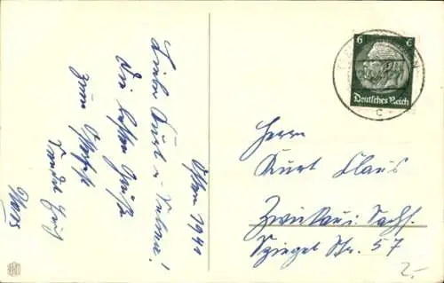 Ak Frohe Ostern, Osterhase sitzt im Korb mit Weidenkätzchen