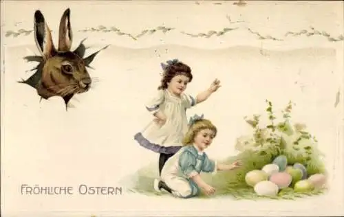 Ak Frohe Ostern, Mädchen suchen Ostereier, Osterhase