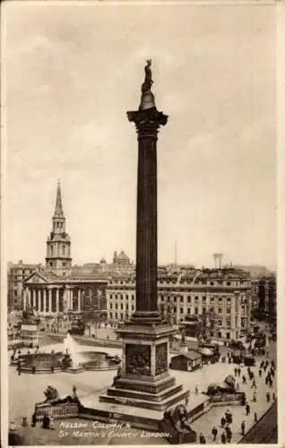 Ak London City England, Trafalgar Square, Nelson Monument, St. Martins Kirche