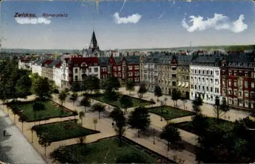 Ak Zwickau in Sachsen, Vogelschau auf den Römerplatz