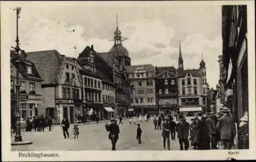 Ak Recklinghausen im Ruhrgebiet, Markt, Geschäfte, Passanten