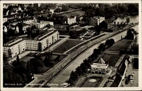 Ak Mülheim an der Ruhr, Luftbild, Wasserbahnhof, Siedlung