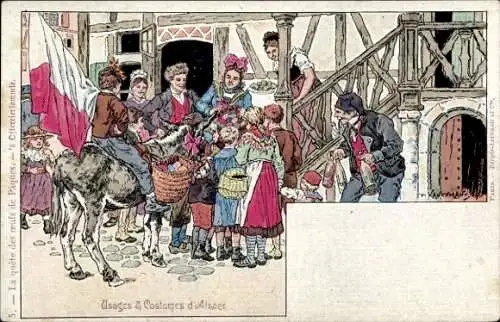 Künstler Litho Kauffmann, Elsässer Tracht, Ostern, Ostereier, Esel