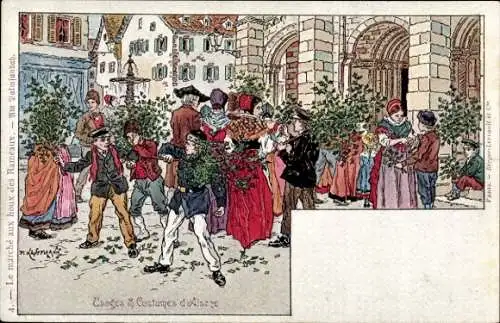 Künstler Litho Kauffmann, Menschen in Elsässer Trachten, Kirche, Platz