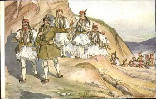 Künstler Ak Griechenland, Soldaten in traditioneller Kleidung, Griechische Tracht