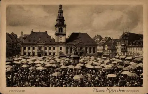 Ak Mannheim in Baden, Marktplatz am Markttag, Rathaus, Denkmal