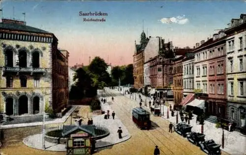 Ak Saarbrücken im Saarland, Blick in die Reichsstraße, Café, Straßenbahn